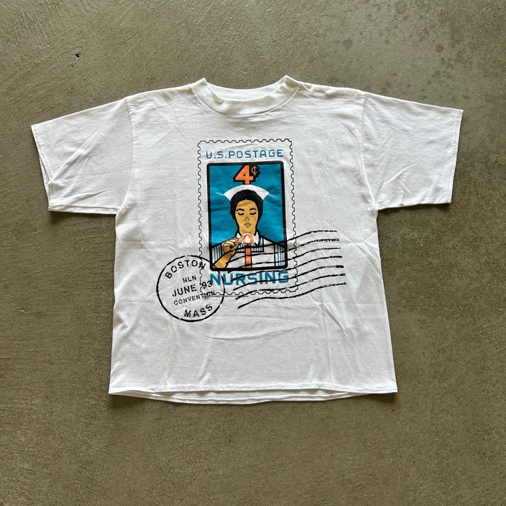 Vintage 90s US Postage Nursing Shirt Size Large Boston Stamp 1993 Alore USA Made